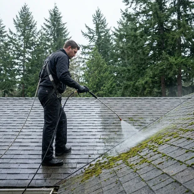 Moss removal technician soft washing a shingle roof on a Bellingham home